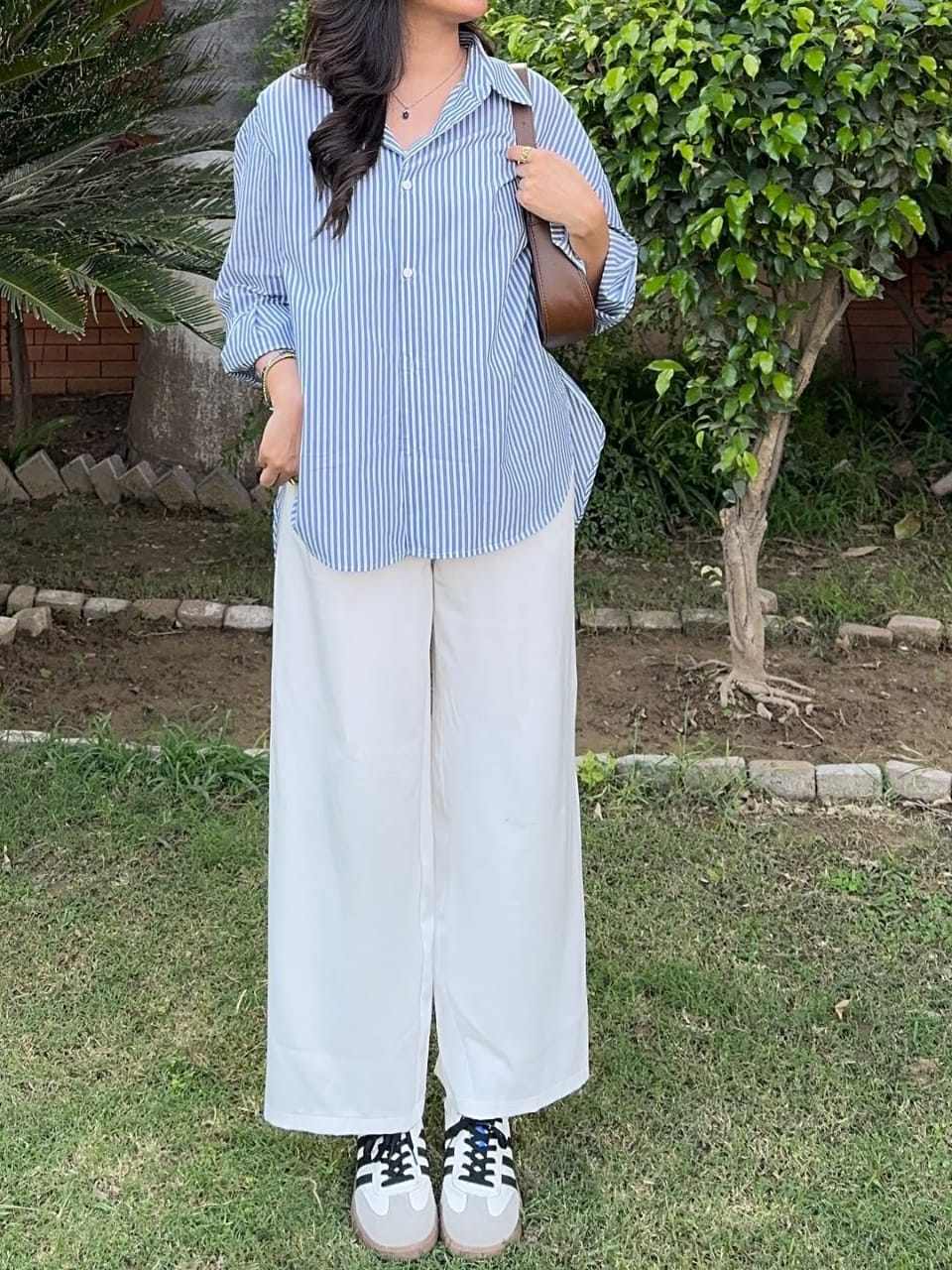 Women's Striped Button Down Shirt with white flapper trouser
