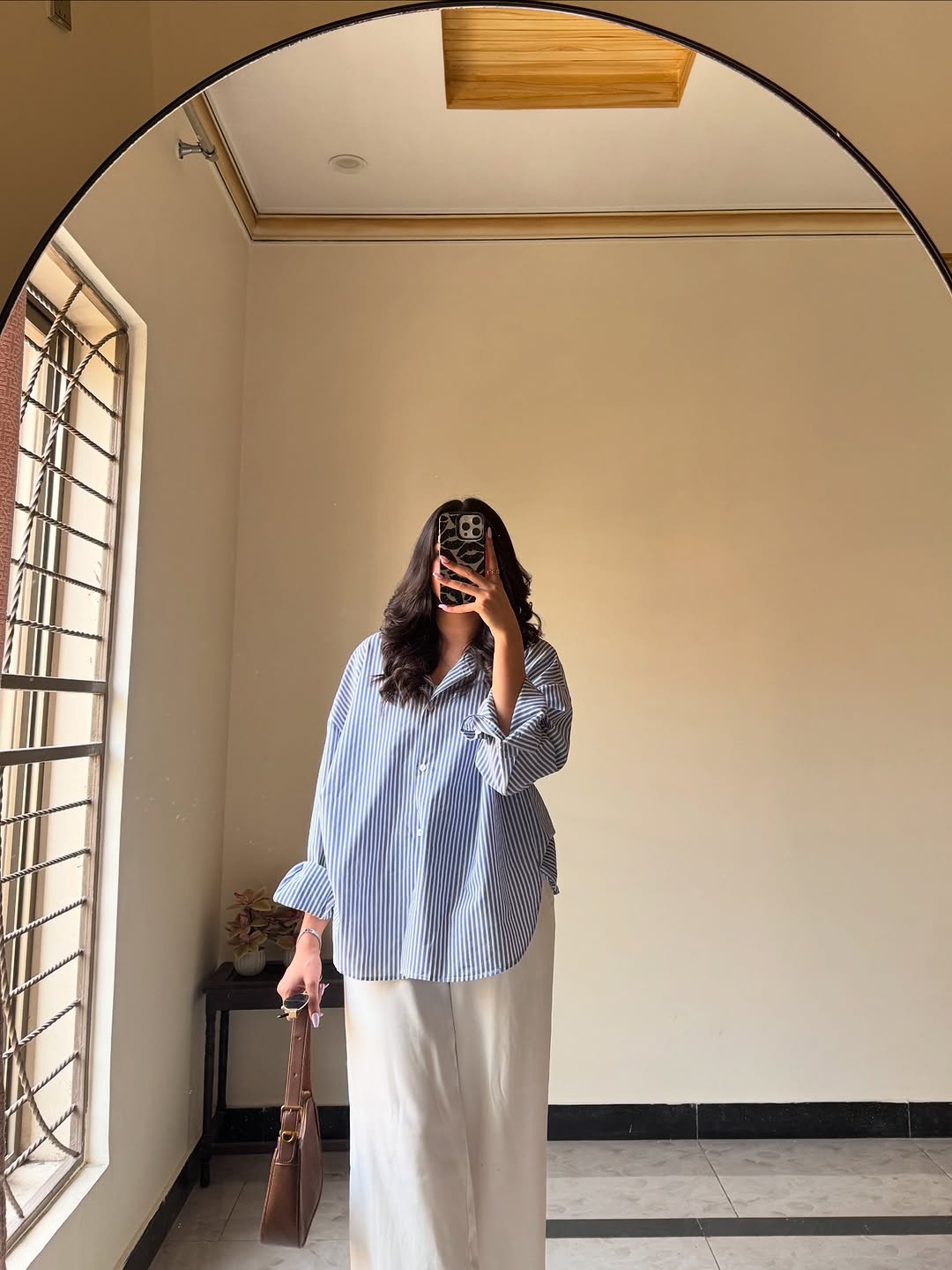 Women's Striped Button Down Shirt with white flapper trouser