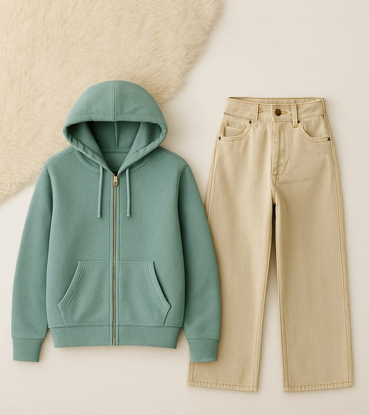 Zipper Hoodie With Beige Wide Leg Jeans