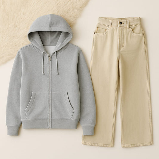 Zipper Hoodie With Beige Wide Leg Jeans