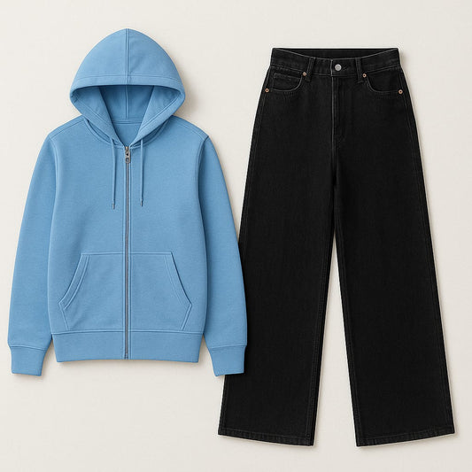 Zipper Hoodie With Black Wide Leg Jeans