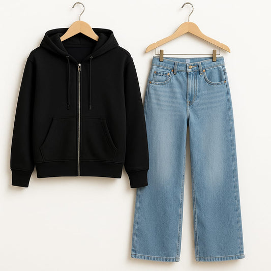 Zipper Hoodie With Iceblue Wide Leg Jeans