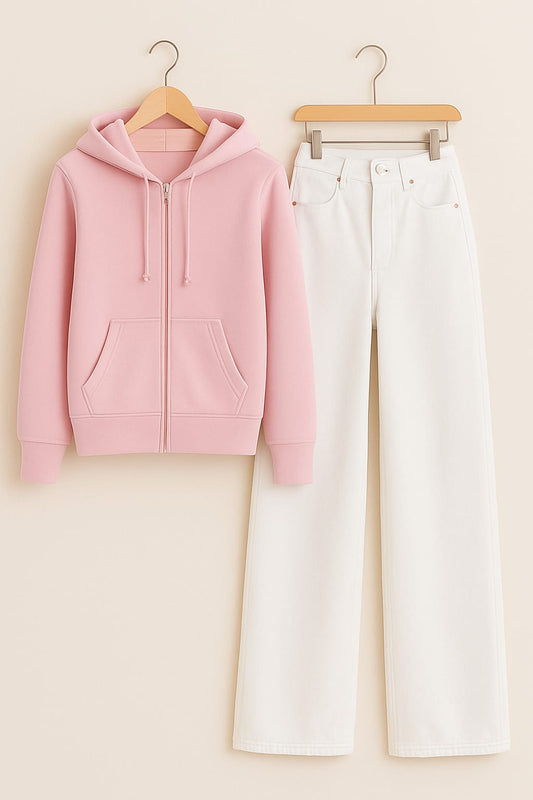 Zipper Hoodie With White Wide Leg Jeans