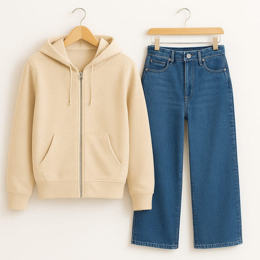 Zipper Hoodie With Mid Blue Wide Leg Jeans