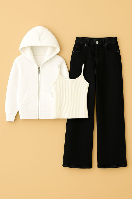 Zipper Hoodie With Inner & Black Wide Leg Jeans