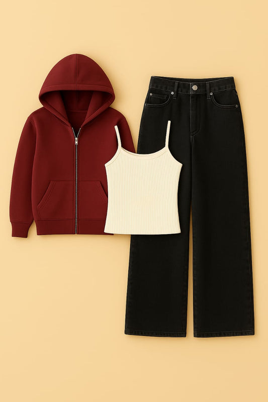 Zipper Hoodie With Inner & Black Wide Leg Jeans