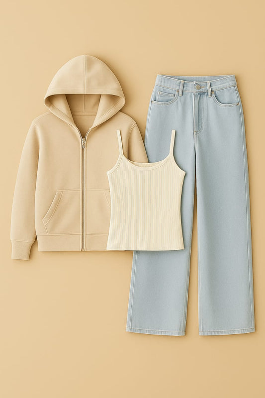 Zipper Hoodie With Inner & Iceblue Wide Leg Jeans