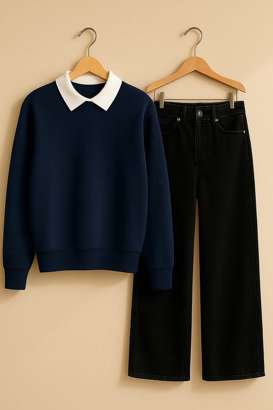 Collared Sweatshirt With Black Wide Leg Jeans