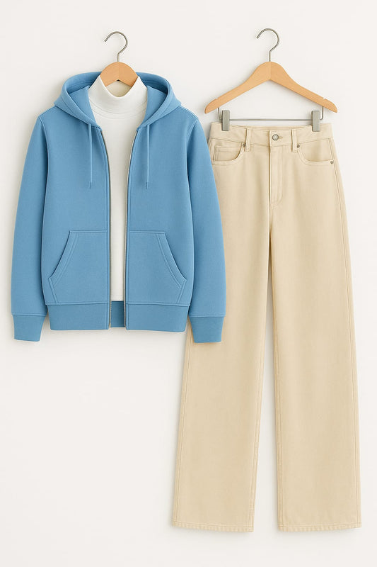 Zipper Hoodie With Highneck & Beige Wide Leg Jeans