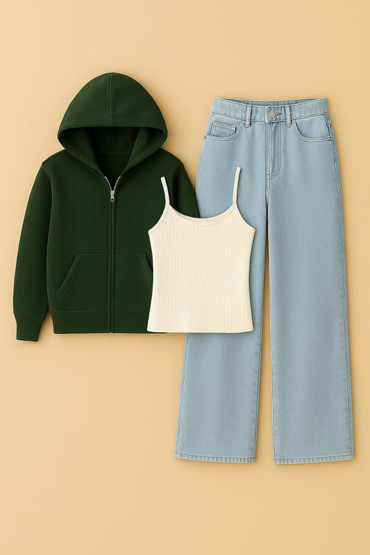 Zipper Hoodie With Inner & Ice Blue Wide Leg Jeans