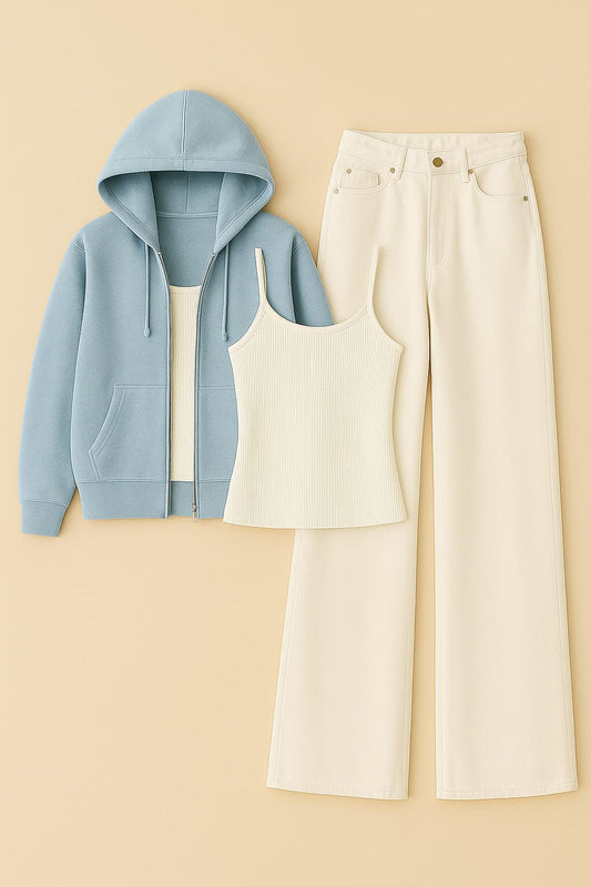 Zipper Hoodie With Inner & White Wide Leg Jeans