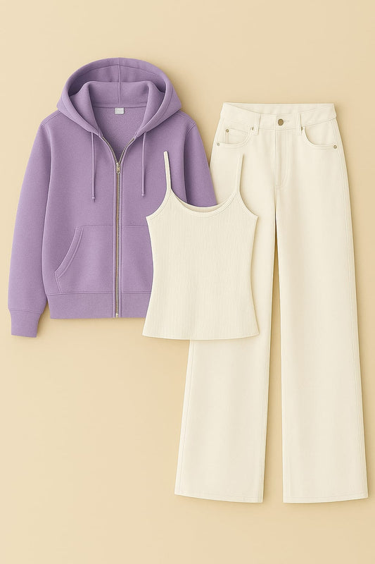 Zipper Hoodie With Inner & white Wide Leg Jeans