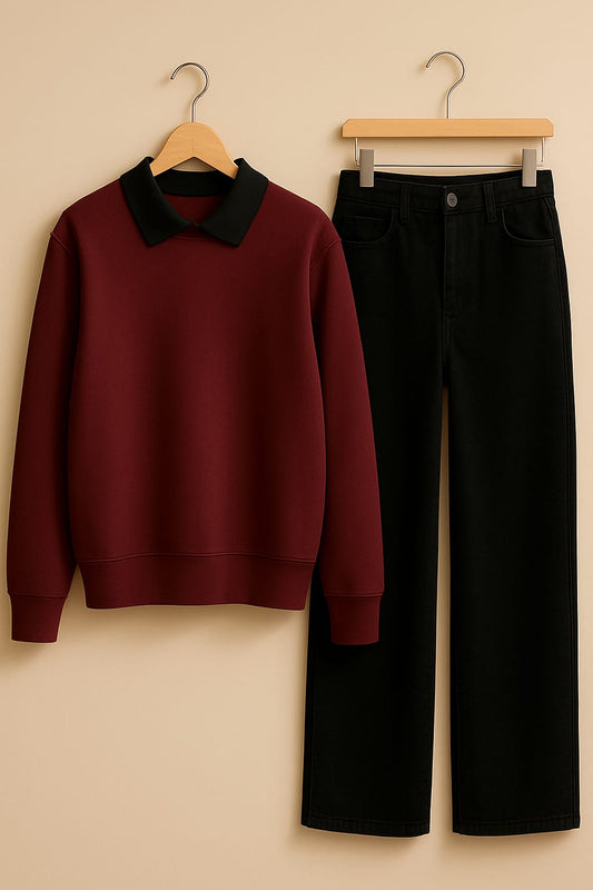 Collared Sweatshirt With Black Wide Leg Jeans
