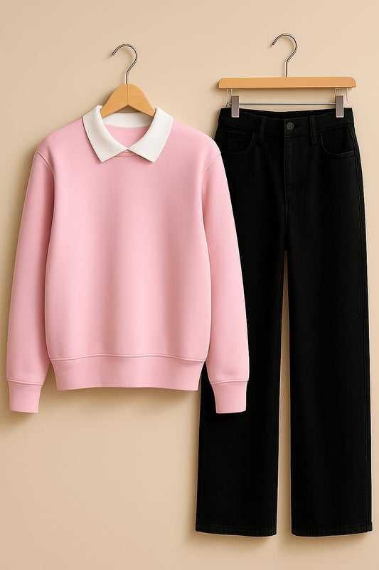 Collared Sweatshirt With Black Wide Leg Jeans