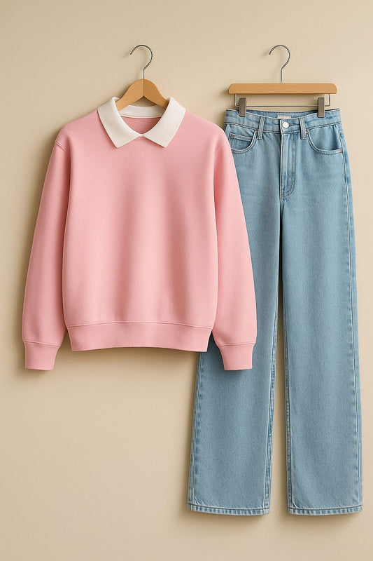 Collared Sweatshirt With IceBlue Wide Leg Jeans