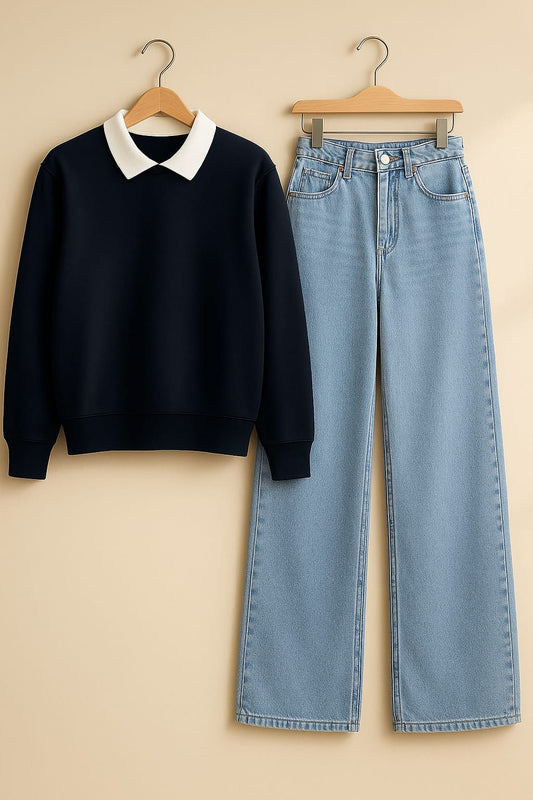 Collared Sweatshirt With IceBlue Wide Leg Jeans