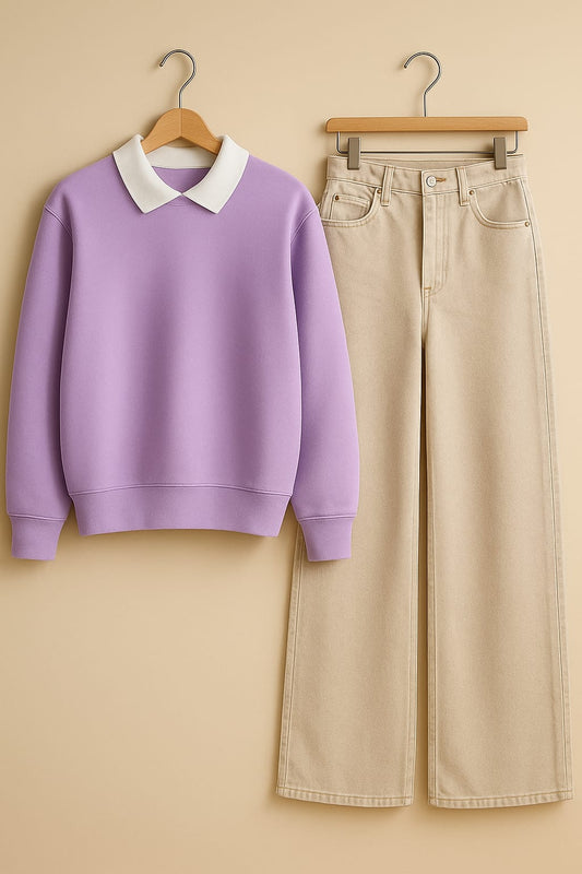 Collared Sweatshirt With Beige Wide Leg Jeans