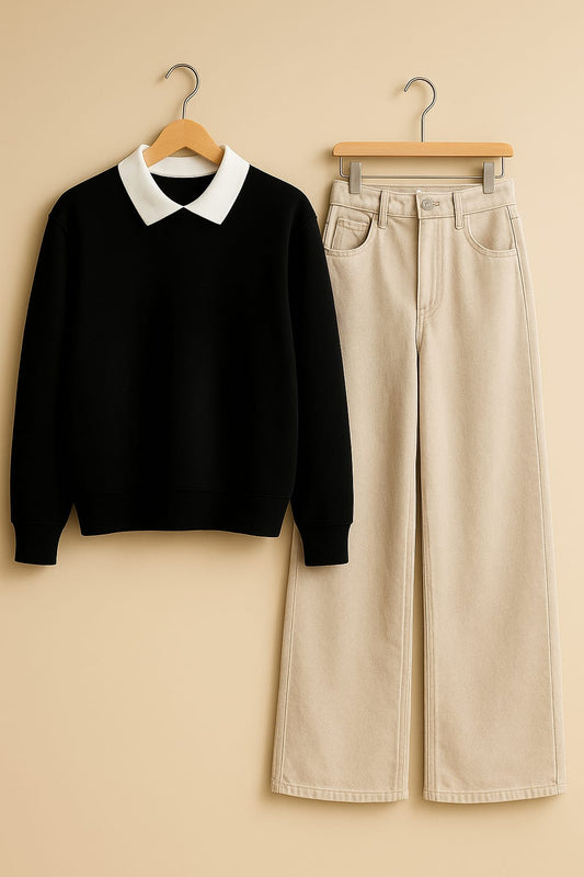 Collared Sweatshirt With Beige Wide Leg Jeans