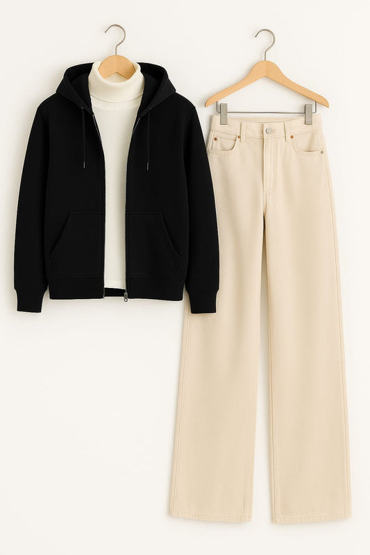 Zipper Hoodie With Highneck & Beige Wide Leg Jeans