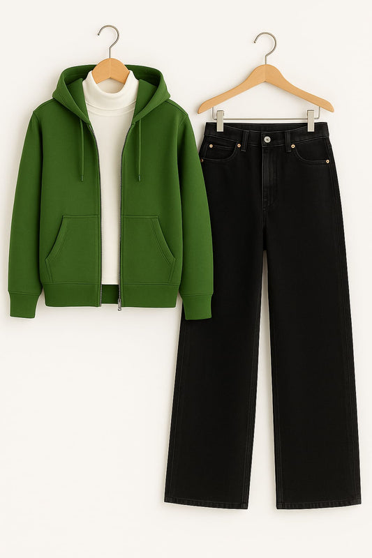 Zipper Hoodie With Highneck & Black Wide Leg Jeans