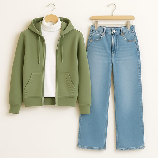 Zipper Hoodie With Highneck & IceBlue Wide Leg Jeans