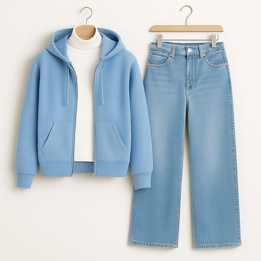 Zipper Hoodie With Highneck & IceBlue Wide Leg Jeans