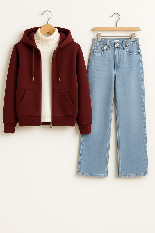 Zipper Hoodie With Highneck & IceBlue Wide Leg Jeans