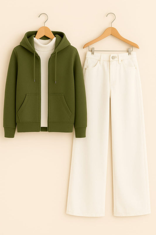 Zipper Hoodie With Highneck & White Wide Leg Jeans