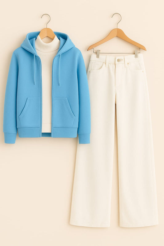 Zipper Hoodie With Highneck & White Wide Leg Jeans