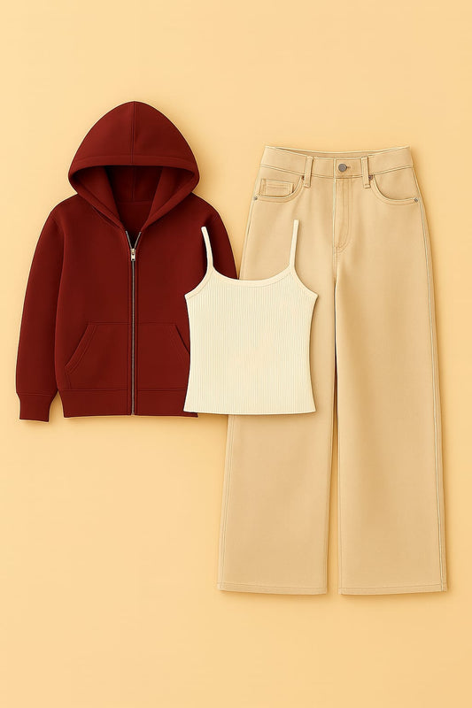 Zipper Hoodie With Inner & Beige Wide Leg Jeans