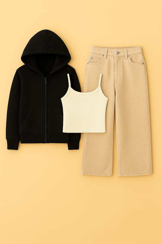 Zipper Hoodie With Inner & Beige Wide Leg Jeans