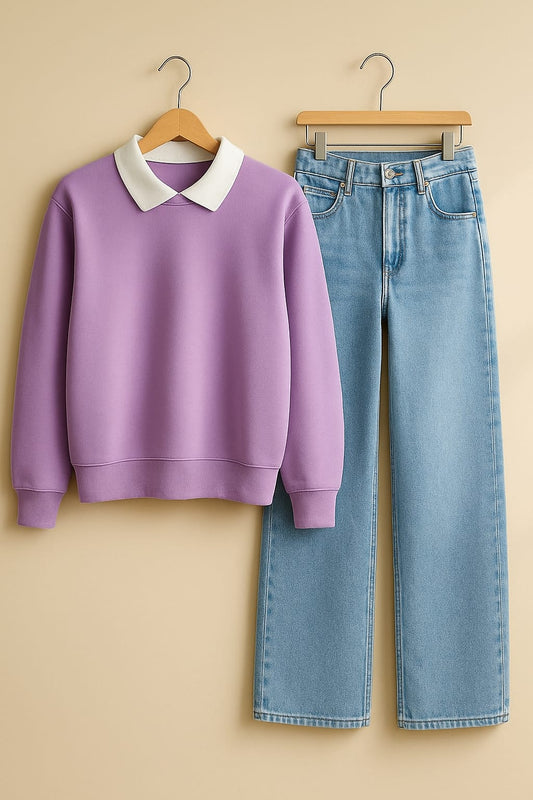 Collared Sweatshirt With IceBlue Wide Leg Jeans