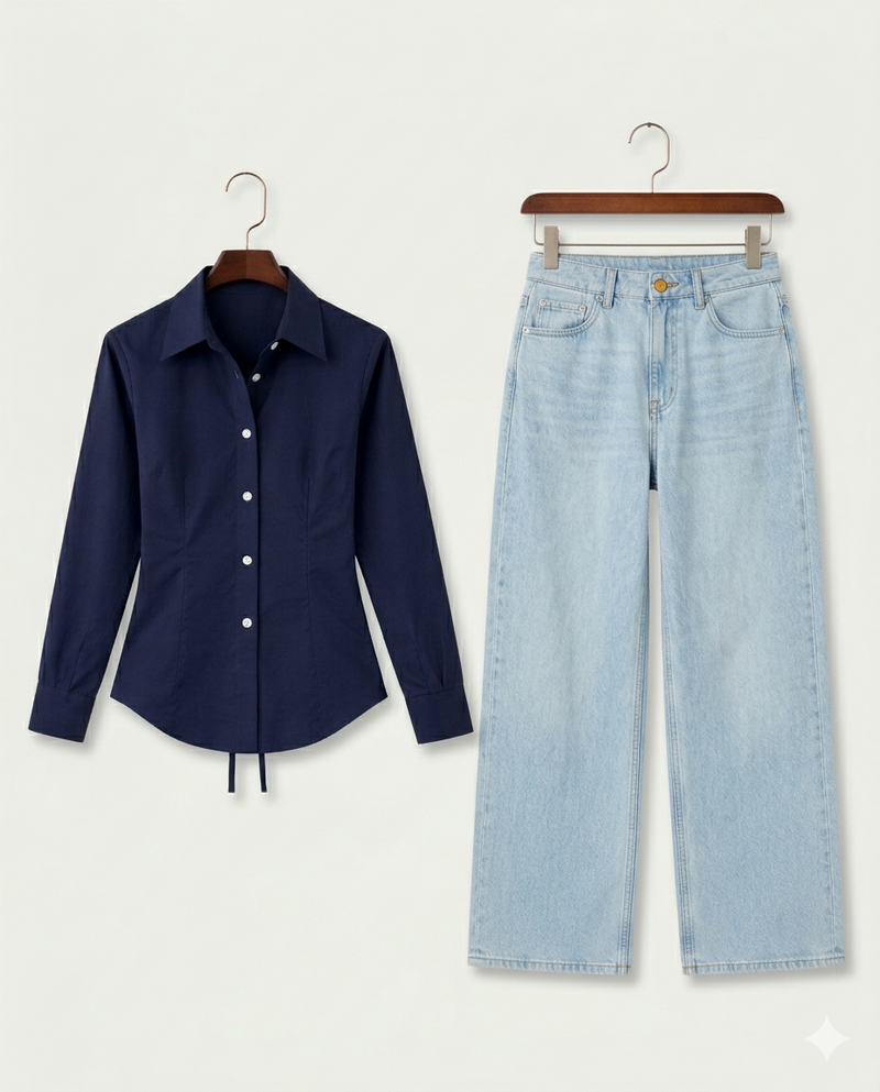 Fitted Button Down & Wide Leg Jeans