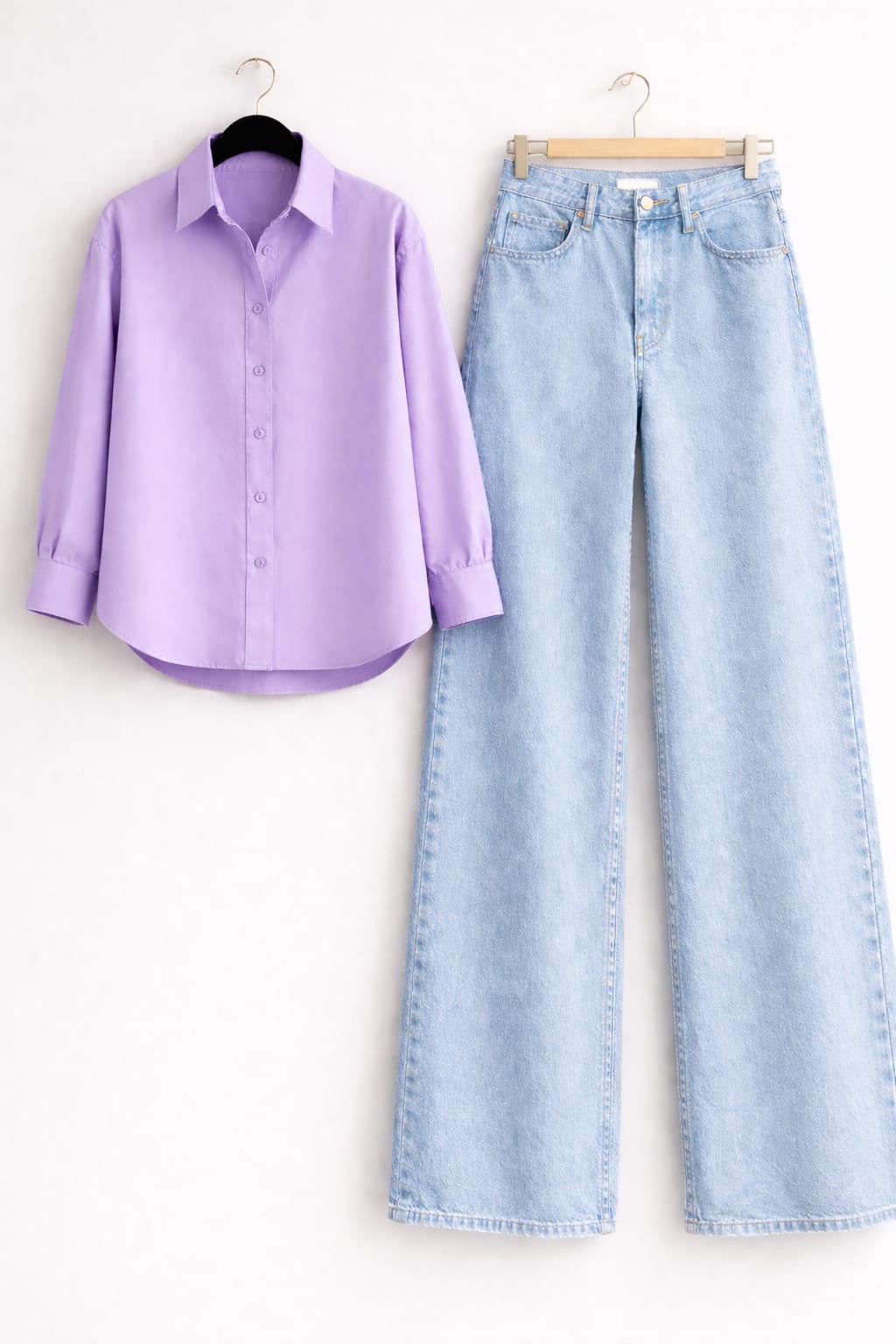 Lilac Button Down Shirt & Ice-Blue Wide Leg Jeans