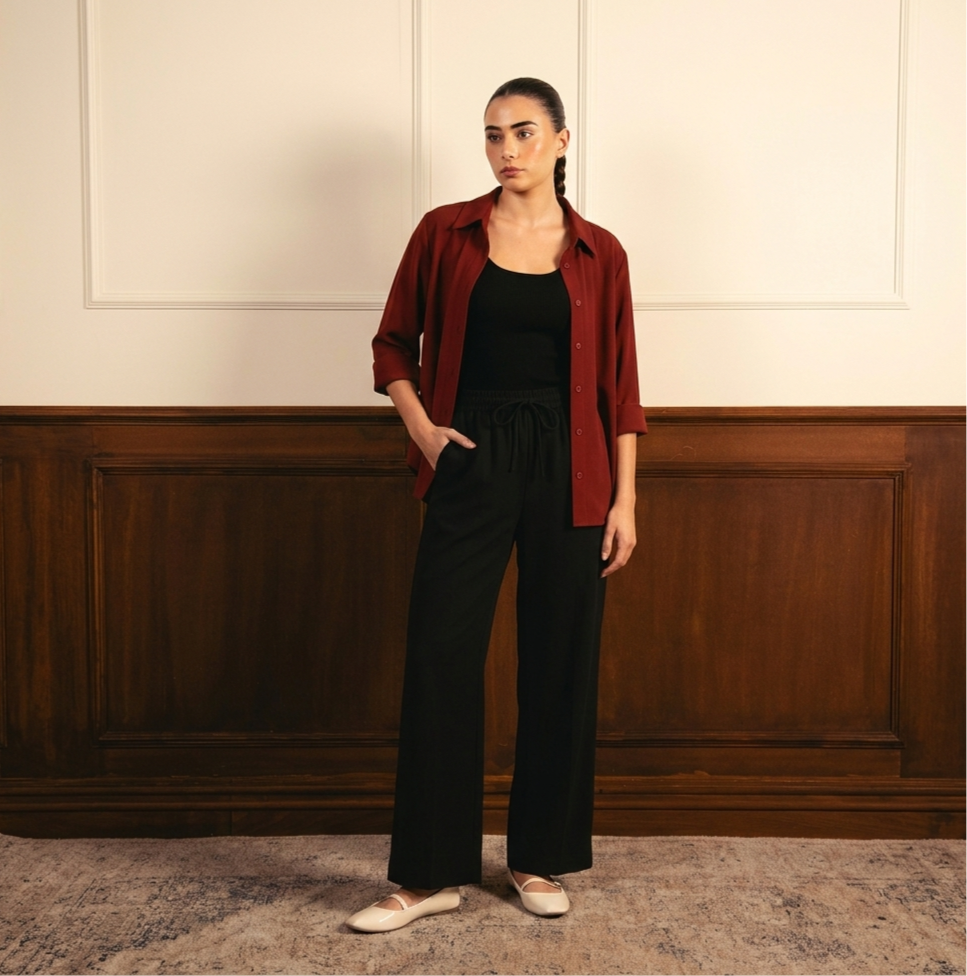 Maroon Button Down Shirt With Black Inner & Black Flapper Trouser