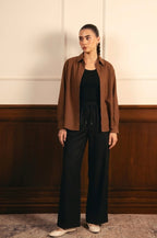 Brown Button Down Shirt With Black Inner & Black Flapper Trouser