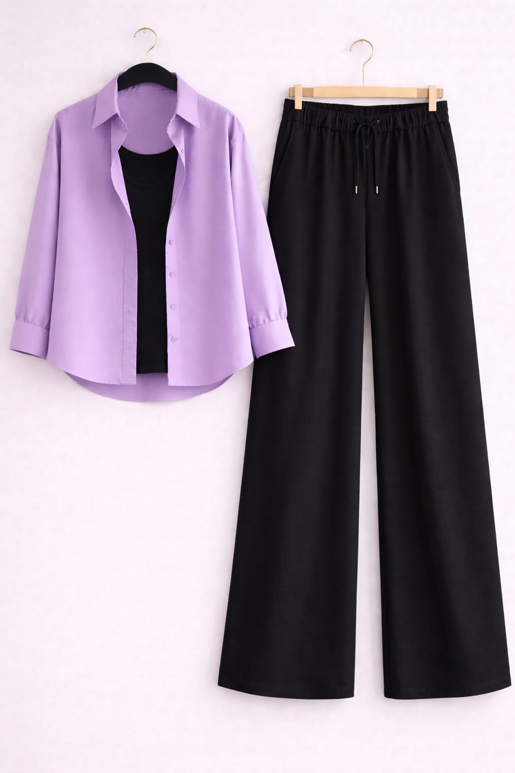 Lilac Button Down Shirt With Black Inner & Black Flapper Trouser