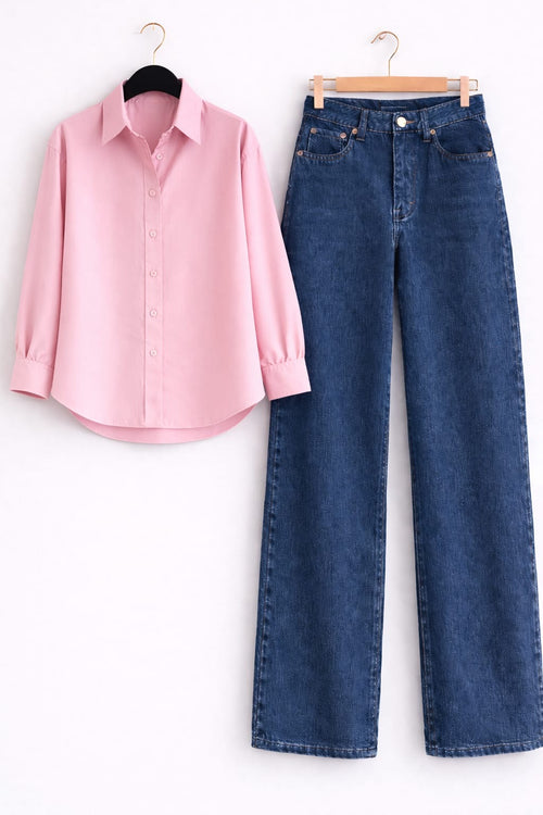 Baby Pink Button Down Shirt & Mid Blue Wide Leg Jeans