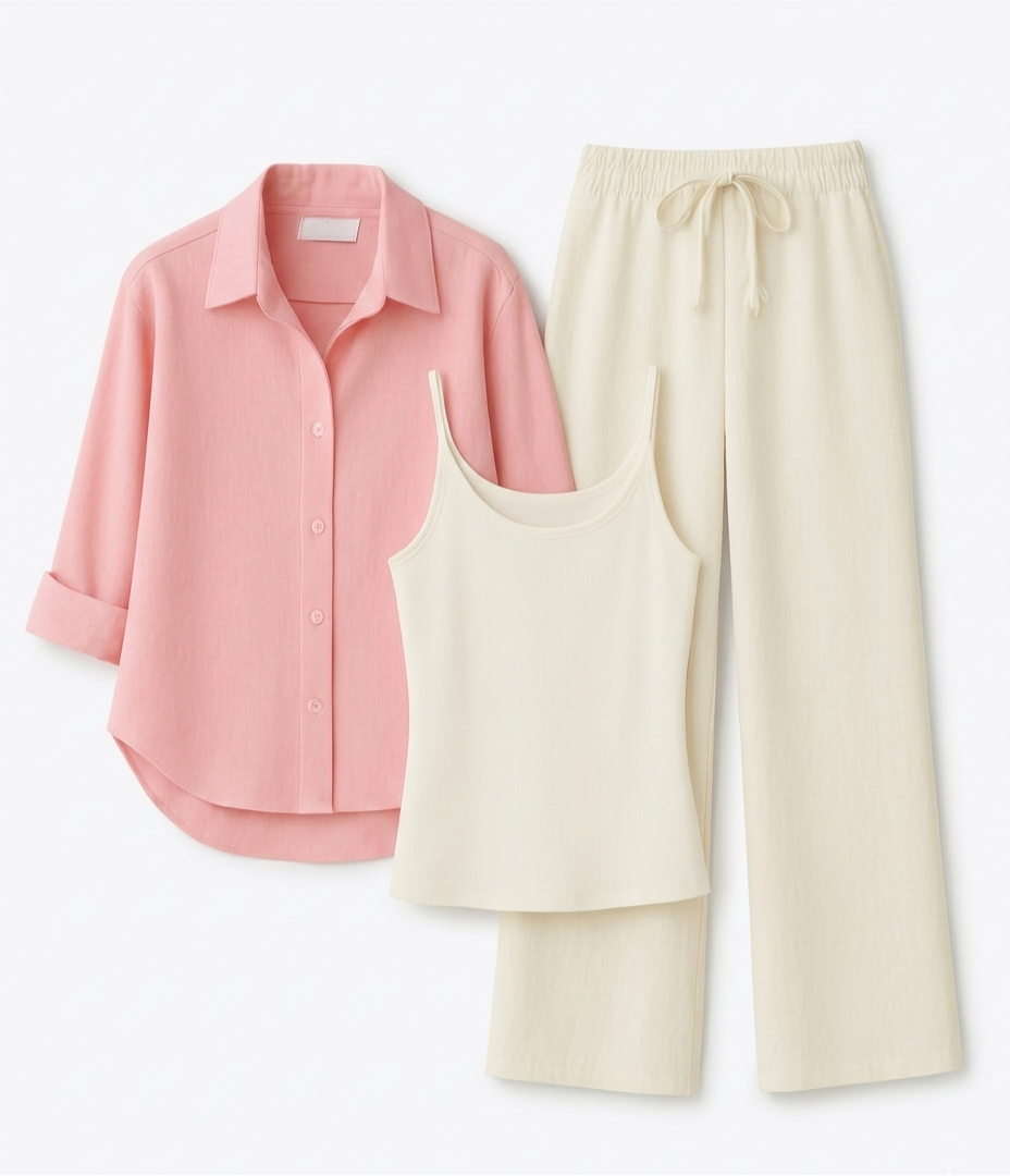 Baby Pink Button Down Shirt With White Inner & White Flapper Trouser