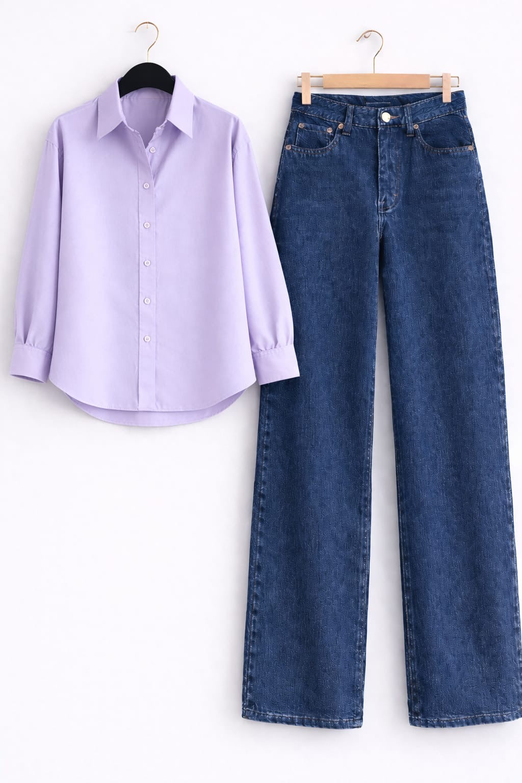 Lilac Button Down Shirt & Mid Blue Wide Leg Jeans