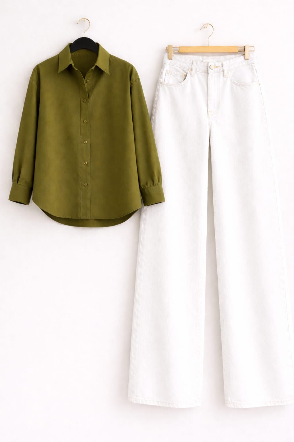 Olive Green Button Down Shirt & White Wide Leg Jeans