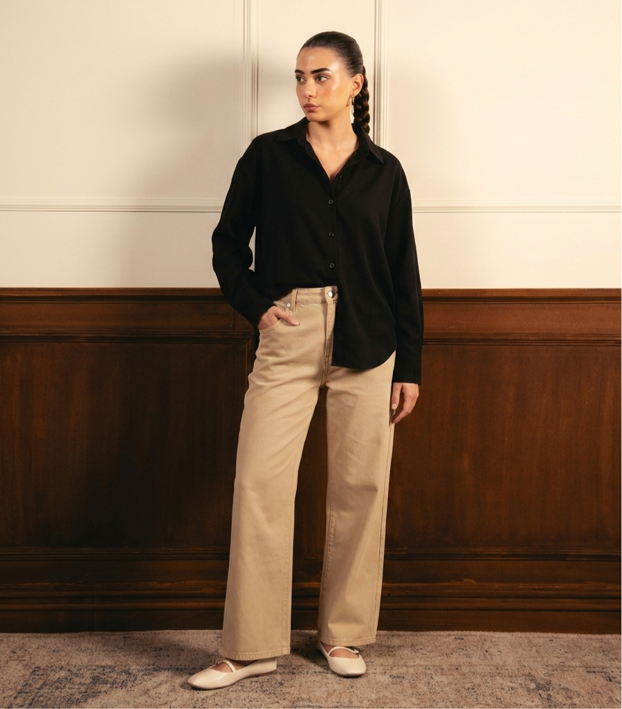 Black Button Down Shirt With Beige Wide Leg Jeans