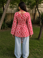 Red White Leaf Print Short Kurti With Flared Sleeves