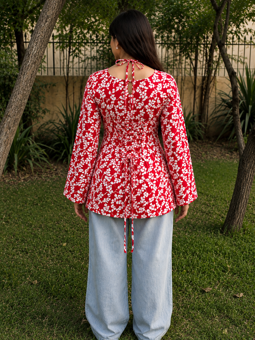 Red White Leaf Print Short Kurti With Flared Sleeves