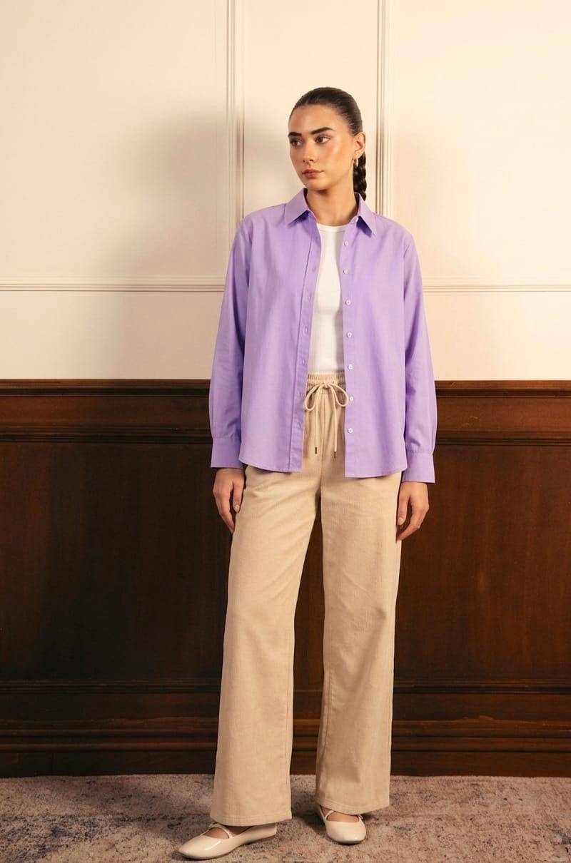 Lilac Button Down Shirt With White Inner & Beige Flapper Trouser