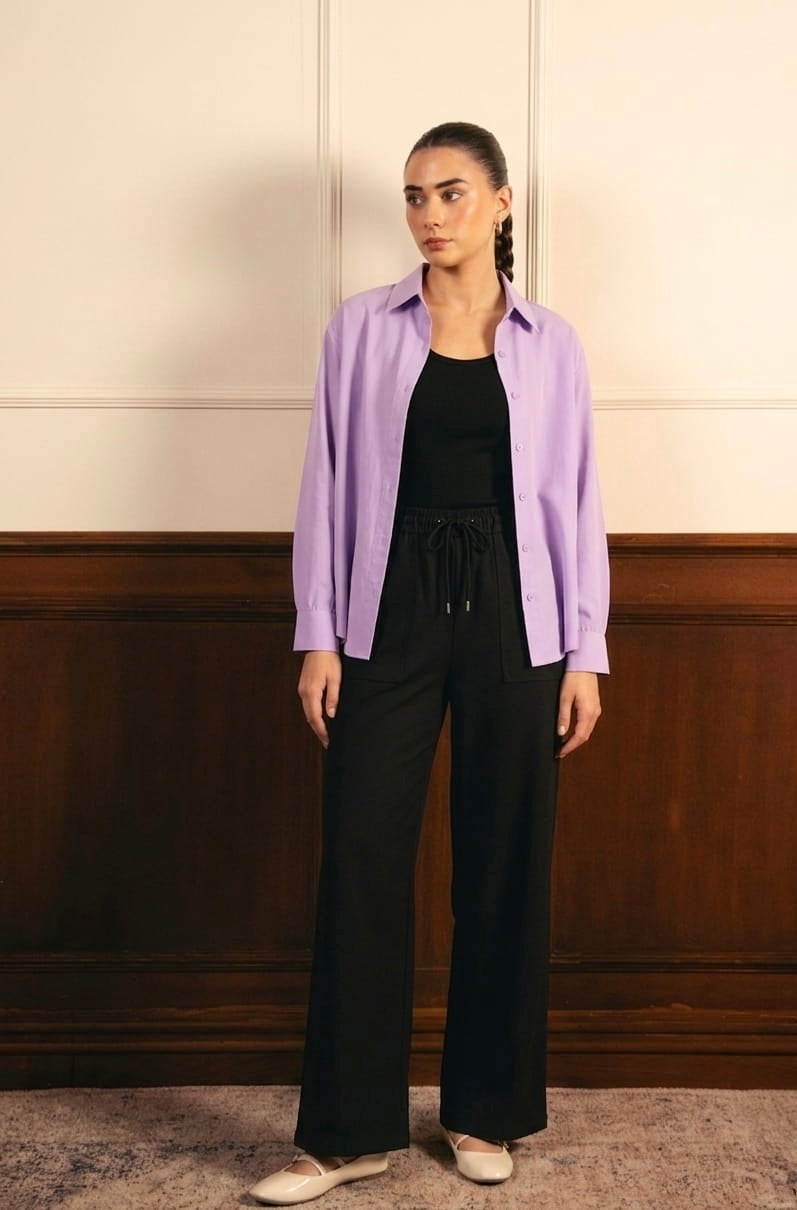Lilac Button Down Shirt With Black Inner & Black Flapper Trouser