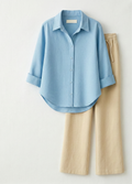 Sky Blue Button Down Shirt With Beige Flapper Trouser