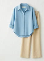 Sky Blue Button Down Shirt With Beige Flapper Trouser