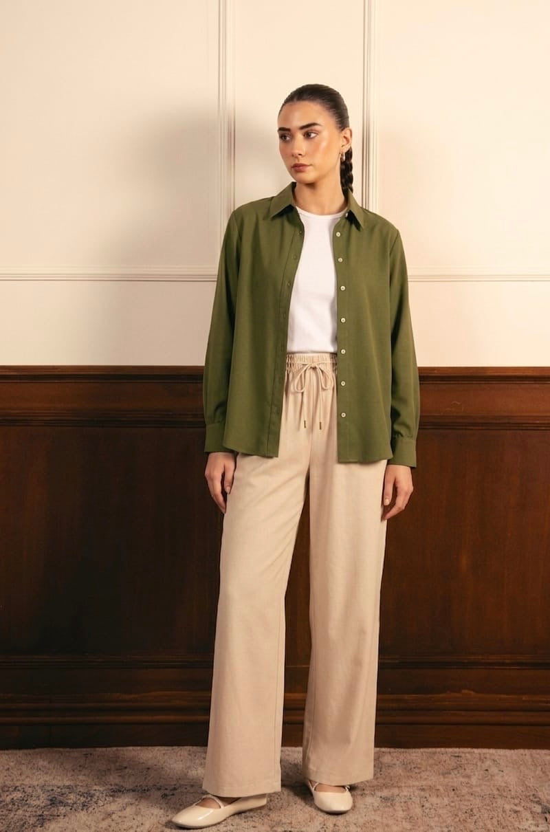 Olive Green Button Down Shirt With White Inner & Beige Flapper Trouser