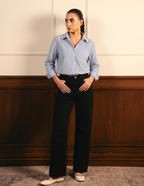 Blue Striped Button Down Shirt & Black Wide Leg Jeans